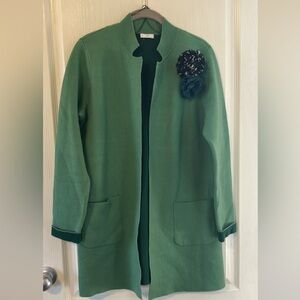 J. Jill Green Open-Front Trench Coat with Floral Brooch